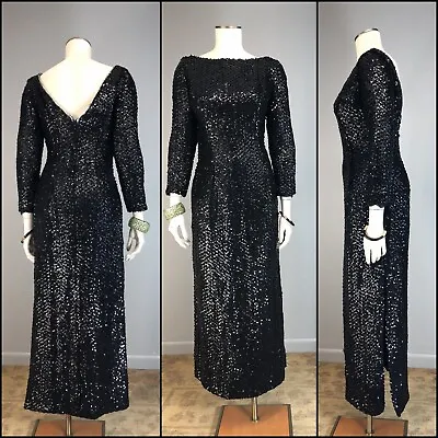 Vtg Dress 60s 70s Total Sequin Gown Ballet Neckline Bombshell Black Maxi Wedding • $128