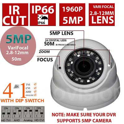 5mp Cctv Camera Tvi 2.8-12mm Varifocal Dome 50m Nightvision Ip66 Outdoor White • £34.99
