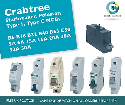 Crabtree Starbreaker Polestar MCBs B6-B63 5A-50A Circuit Breakers - USED • £5.35