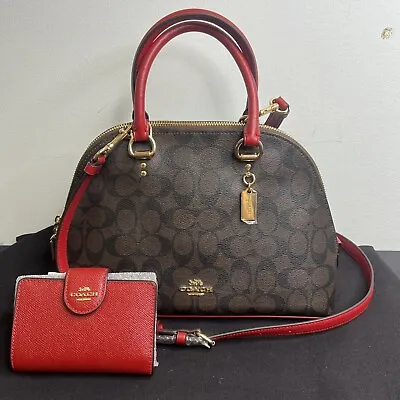 Coach Katy Signature Satchel Shoulder Bag Brown Red Canvas With Zip Wallet New • $394.02