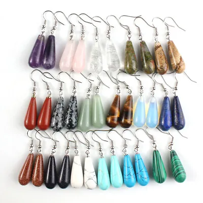 Natural Stone Long Drop Dangle Earrings Hook Healing Reiki Balance Jewelry • $2.99