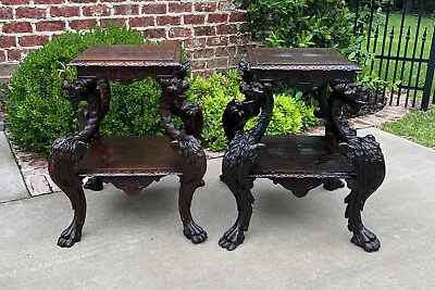 Antique French PAIR End Tables Side Tables Nightstands DRAGONS Oak GOTHIC 19th C • $7400