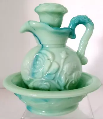 Pitcher & Bow Victorian Era Style Blue Green Milk Glass Vintage 1986 Avon • $7.71