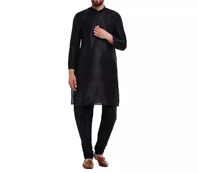 SOJANYA  ASIAN TRADITIONAL  Mens Dupion Silk Kurta Churidaar Pyjama Black • £19.99