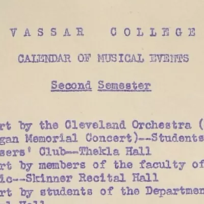 1944 Vassar College Musical Event Concert Calendar Thekla Club Poughkeepsie • $27.50