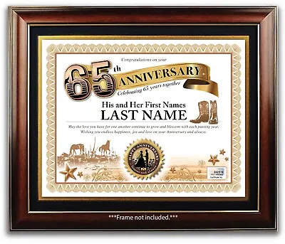 WEDDING ANNIVERSARY CERTIFICATE - Western Cowboy Boots Horse 65th 65 Year GIFT • £14.24