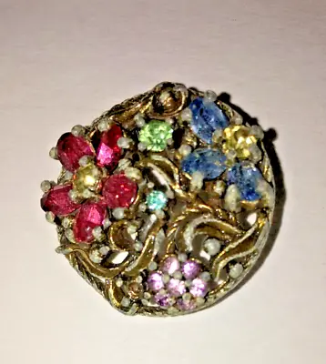 VINTAGE BROOCH ~ Round Filigree Ornate Colored Rhinestone Brooch Pin 1  Diameter • $42.50