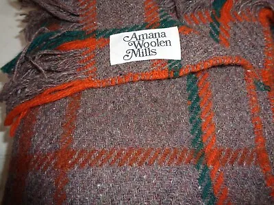 Vintage Amana Woolen Mills Wool Blanket Throw Fringed Gray Plaid 50  X 56  • $39.99
