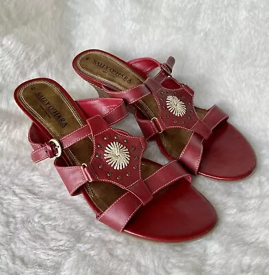 Red Shoes Size 7 EUR 40 Leather Wedge Heels Sandals Sally O’Hara Boho Gold • £22.99