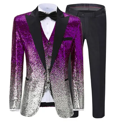 Mens Sequins Suits 3 Pieces Colorful Shiny Notch Lapel Solid Prom Tuxedo Slim ++ • $71.98