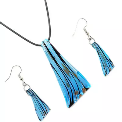 Tassel Necklace Earrings Set Murano Glass Blue Jewelry Set • £5.68