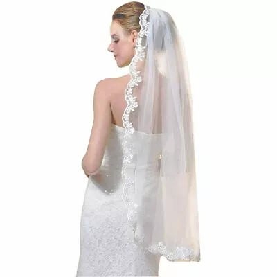 Wedding Bridal Veil 1 Tier Short With Comb Lace Applique Edge Fingertip Length • $12.90