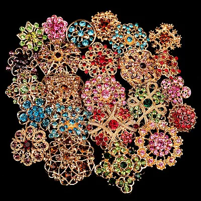 Lot 24 Pc Mixed Vintage Style Golden Rhinestone Crystal Brooch Pin DIY Bouquet • $12.99