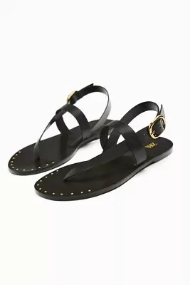 Nwt Zara Micro-studded Flat Leather Sandals Black - Ref 2620/110 • $39