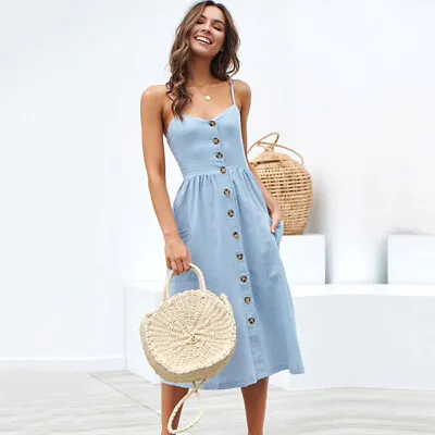 £11.99 • Buy Womens Summer Boho Beach Cami Midi Dress Ladies Holiday Strappy Button Sundress