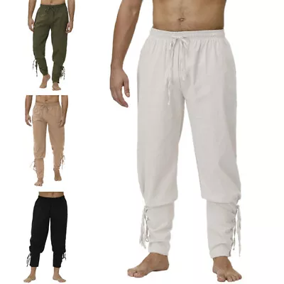 Men Bandage Pirate Trousers Medieval Cosplay Costume Gothic Long Pants Shirts • $27.99