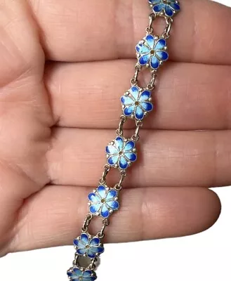 Vintage FAS Sterling Silver Blue Enamel Flower Link Bracelet 7” • $54.99