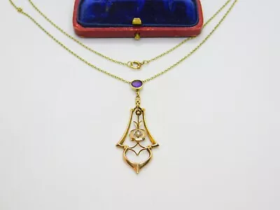 Edwardian 9ct Gold Amethyst & Pearl Lavalier Drop Necklace C1910 Antique • £245