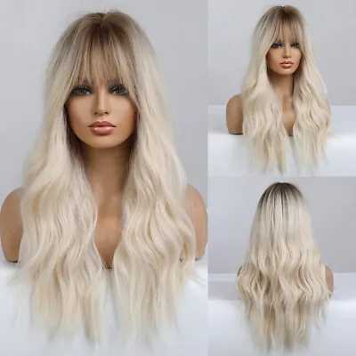 Charm Platinum Blonde Hair Wigs With Bangs For Women Long Wavy Synthetic Wig • £9.59