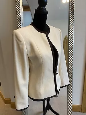 Zang Toi Virgin Wool Cream Colored Blazer W/ Brown Satin Piping US Size 6 • $150