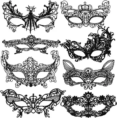 8 Pcs Masquerade Masks For Women / Black Lace Venetian Mascarade Ball • £7.29