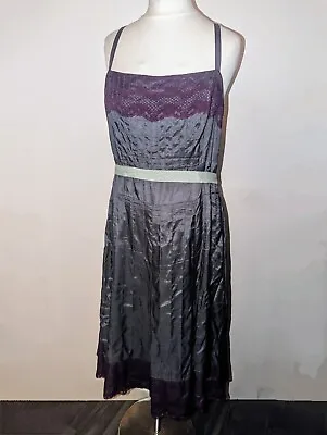 Vintage Monsoon Fit And Flare Grey Purple Dress Bow Belt Strappy Size 14  • £16.99