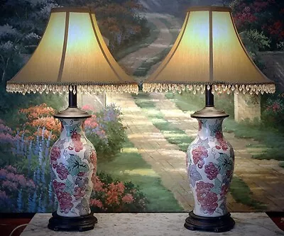 Vintage Oriental Asian Ceramic Table Lamps Pair With Beaded Shades 26  X 15  • $150