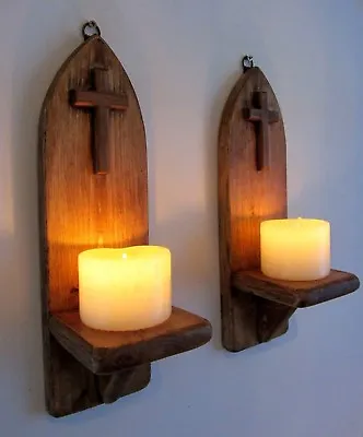 Pair Of 32cm Reclaimed Wood Rustic Gothic Church Wall Sconce Led Candle Holders • £29.99