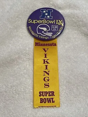 VINTAGE 1975 Minnesota Vikings Super Bowl IX 3 1/2 Inch Button W/SB Ribbon NICE • $39.99