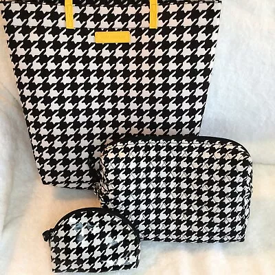 Vera Bradley HELLO YELLOW MIDNIGHT HOUNDSTOOTH All-weather Tote & 2 Cosmetics • $29.95