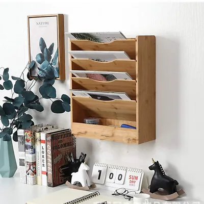 5-Tier Wooden Wall Mounted Magazine Rack Document File Holder Storage Organiser • £26.99