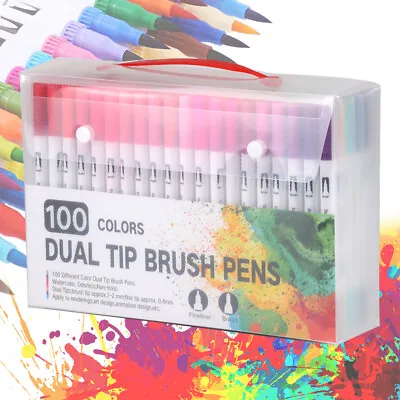 £19.89 • Buy 100pcs Colour Dual Tip Brush Pens Fineliners Watercolour Art Markers Drawing UK