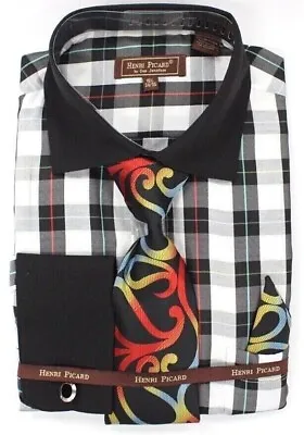 Men's Henri Picard Black & White Checkered Multi-Color French Cuff Shirt Set • $59.99