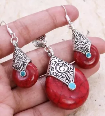 Natural Red Turquoise 925 Sterling Silver Pendant Earrings Set Antique Handmade • $22.99