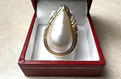 14k Yellow Gold Teardrop Mabe Pearl Ladies Cocktail Ring - Size 6.5 • $450