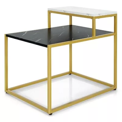 2-Tier Modern Nightstand End Side Table Marble Finish Tabletop Storage Shelf • $76.97