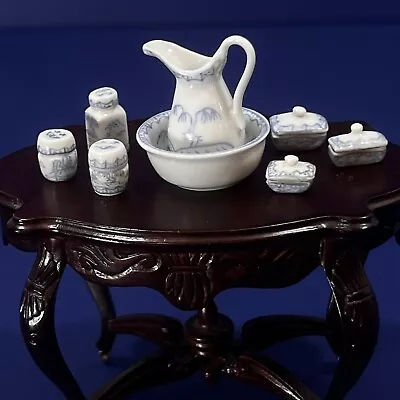 Bespaq Porcelain Blue & White 8 Piece Dresser Set + Lids 1:12 Scale Miniature • $100