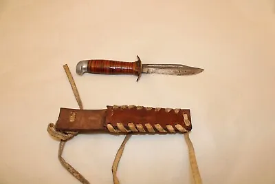 Vintage Stacked Leather Handle Made In Finland  Signed  Knife W/ Homemade Sheath • $59.99