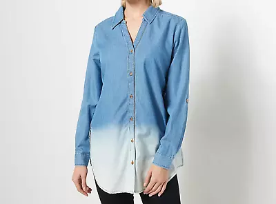 $34.99 • Buy Susan Graver Regular Chambray Dip-Dye Y-Neck Tunic Shirt Light Chambray, MEDIUM