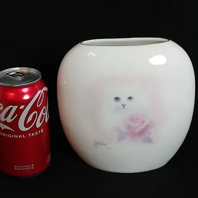 $25 • Buy Vintage Otagiri Bob Harrison White Cat Kitten Pink Rose Porcelain Vase Japan