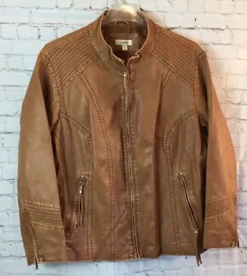 Dressbarn Jacket Faux Brown Leather Zips Nehru Collar Size 22/24 • £14.25