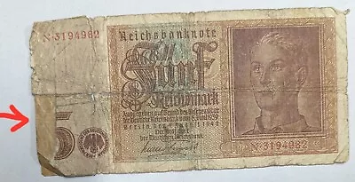 PIECE MISSING Bad WWII GERMANY 1942 NAZI Era German 5 Marks BANKNOTE (#C3555) • $3.95