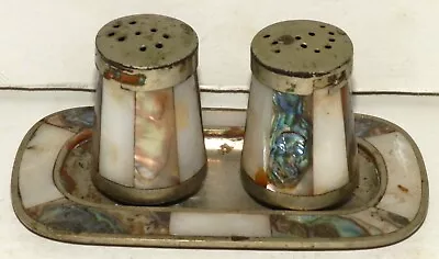 Abalone Mother Of Pearl Shell Salt Pepper Shakers Set With Tray Vintage • $15.95