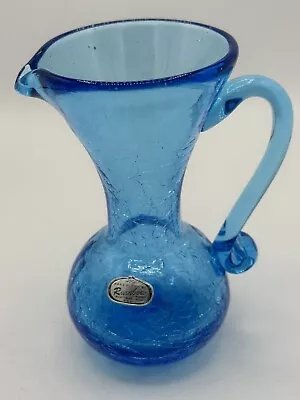 Vintage Hand Blown Rainbow Blue Crackle Glass Pitcher Vase Highly Collectable • $29