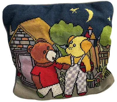 Vintage Hand Stitched Wool Needlepoint Pillow Bear  Dog Friends Blue Velvet Kids • $28.99