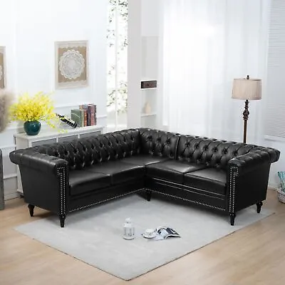 L-shaped Leather Upholstered Chesterfield Sofa Couch    With Wooden Legs • $1112.01