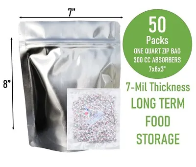 $26.99 • Buy (50) Resealable Stand Up Mylar Pouch Bags Quart 7 Mils + 300CC Oxygen Absorbers