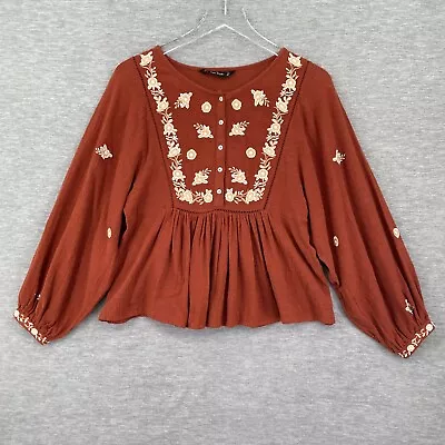 $20 • Buy Zara Blouse XS Womens Top Orange Long Sleeve Shirt Peasant Floral Embroidered