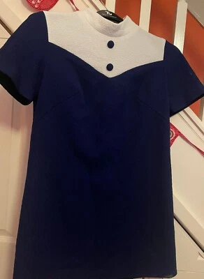 £40 • Buy Navy 60s 70s MINI DRESS Vintage Baby Doll Crimplene Contrast Go-go 12 14 16 M