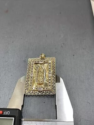 14 K Gold Hollow Virgin Mary Pendant Square Shape With Cubic Zirconia • $300